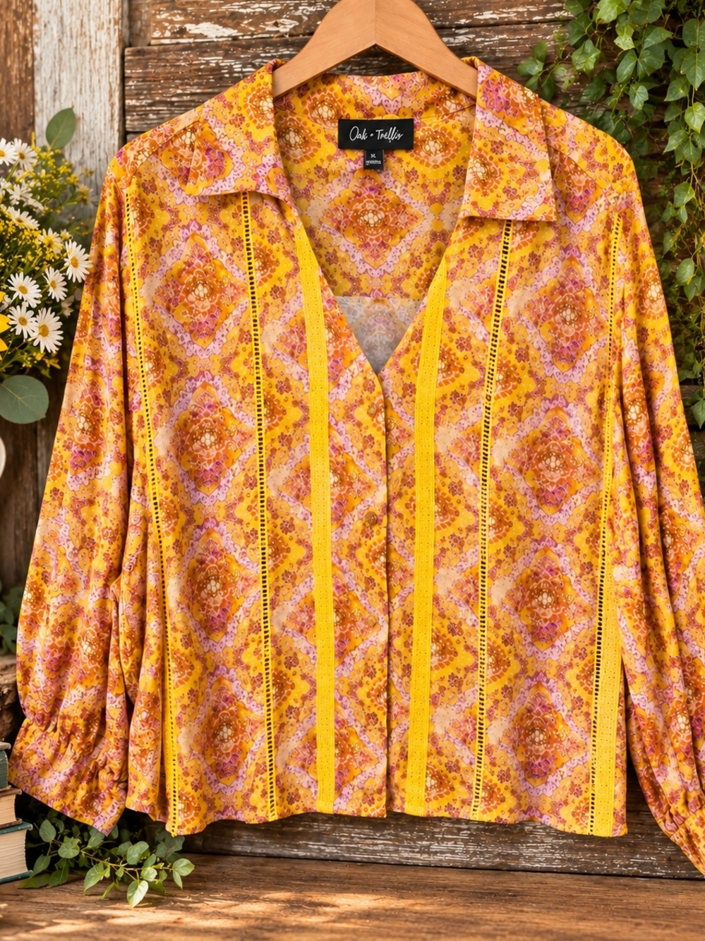 Oak & Trellis Women’s 3X NWT Mustard Pink Paisley Lace Trim Blouse